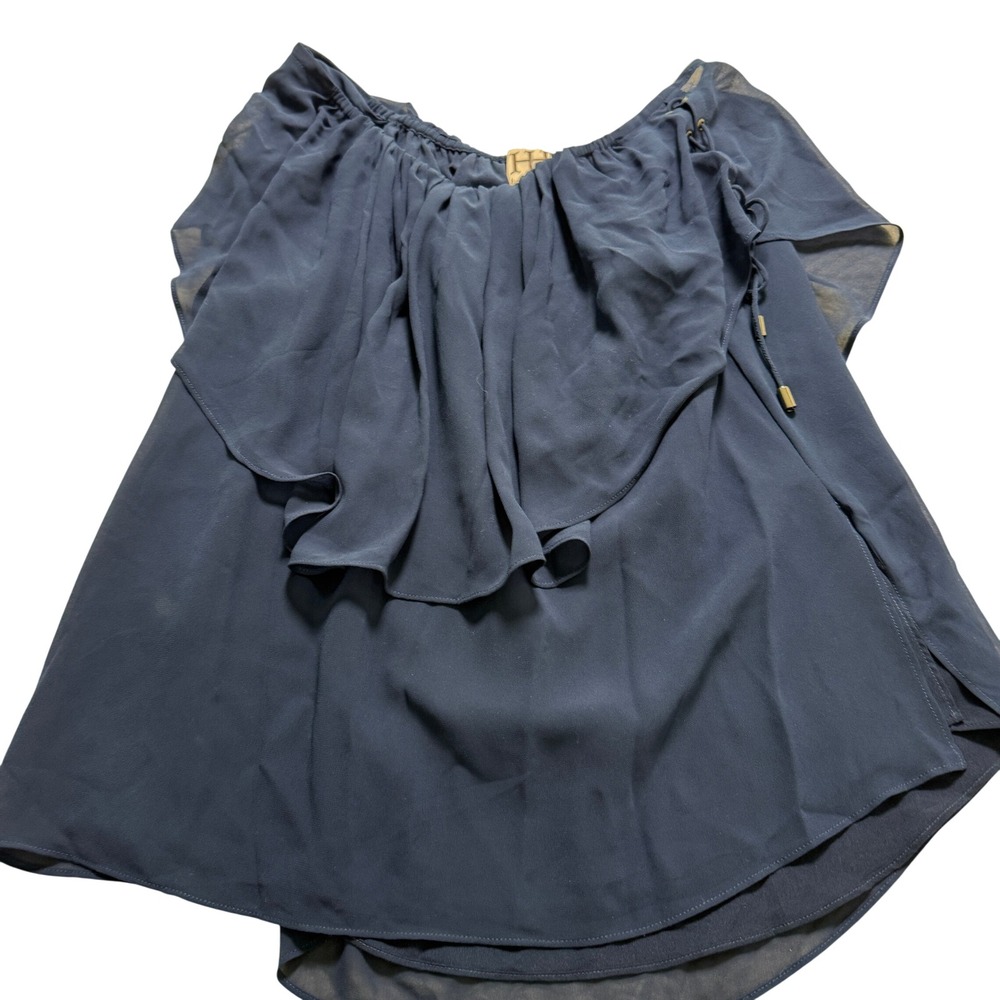 Haute Hippie‎ Ruffle Blouse Wms S NWT Navy Blue Off Shoulder LaceUp Quiet Luxury
